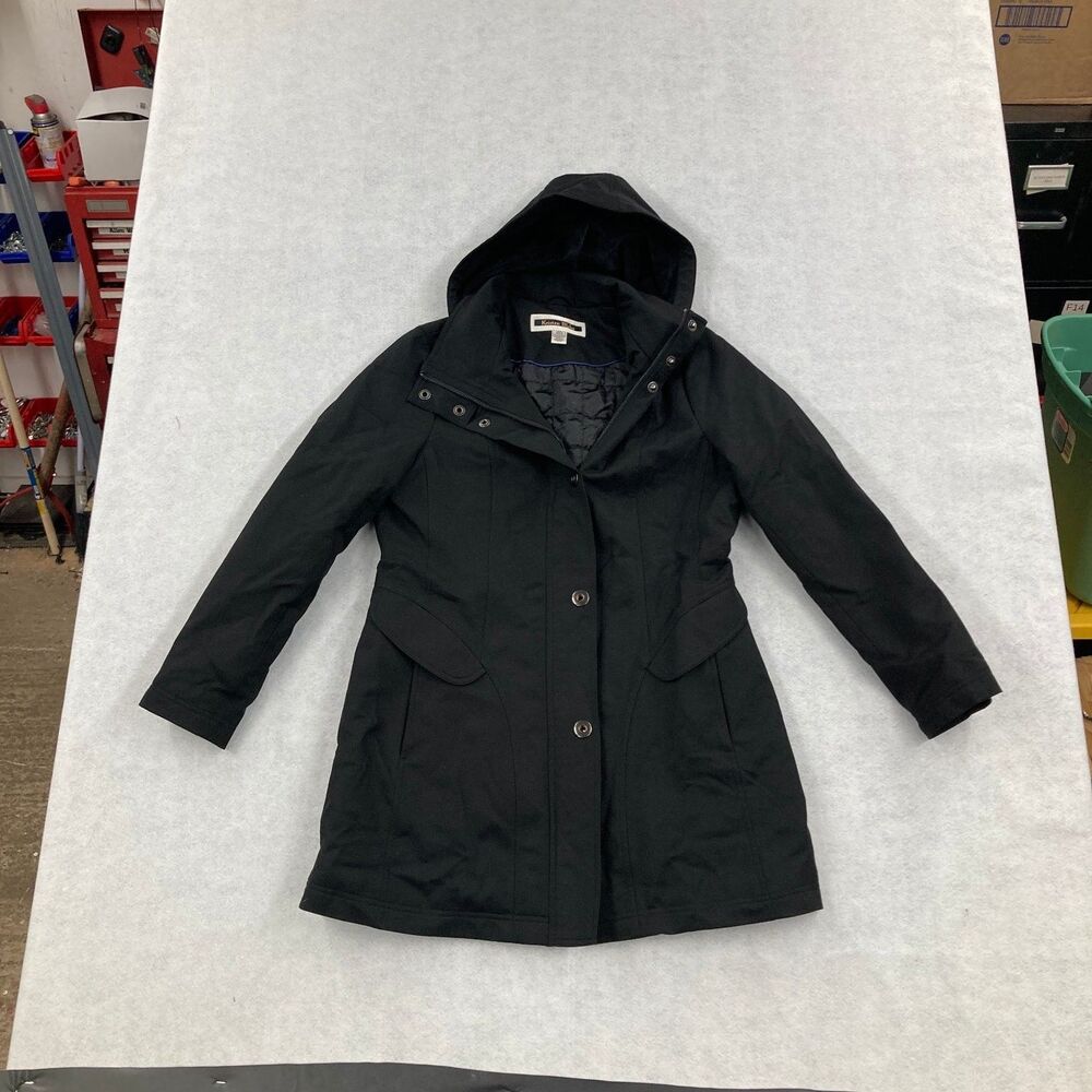Kristen Blake Women's Black Hooded Quilted Lined Rain Coat Jacket Size M Medium